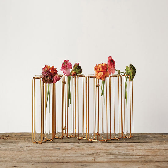 9 Test Tube Vases in a Single Gold Metal Stand
