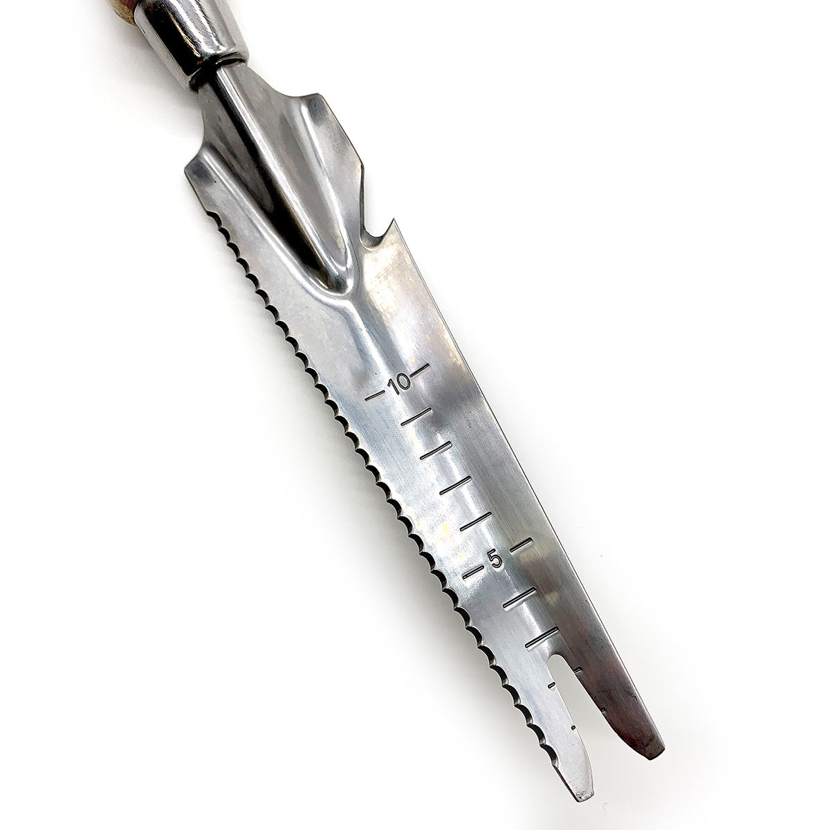 A 5-in-1 hand multi weeder with an ash wood handle, stainless steel serrated head, and a leather strap.