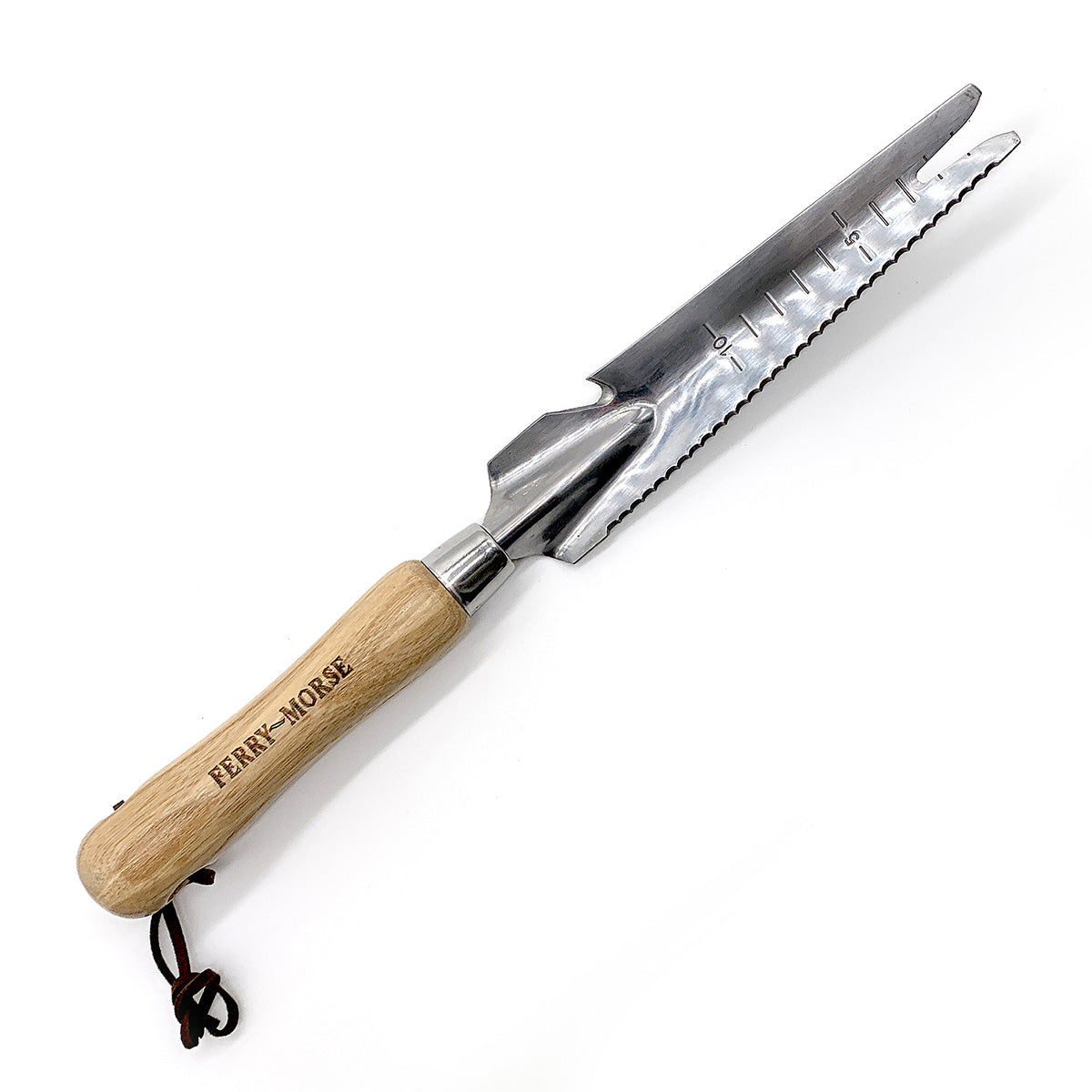 A 5-in-1 hand multi weeder with an ash wood handle, stainless steel serrated head, and a leather strap.