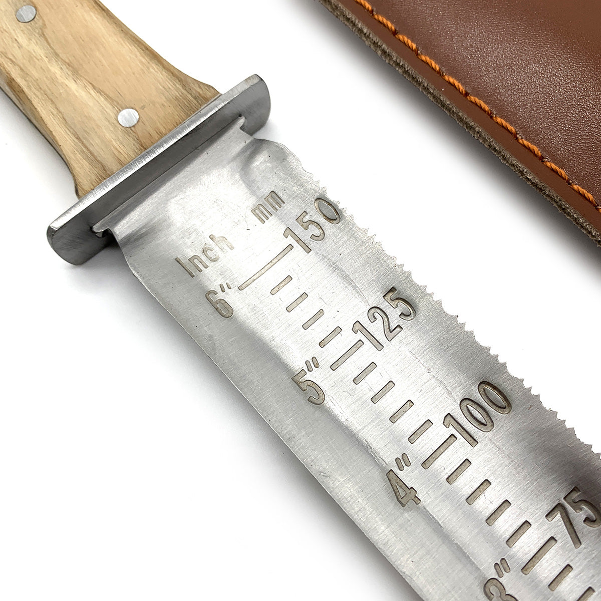 A hori hori garden knife with a wood handle and a stainless steel blade, accompanied by a brown leather case.