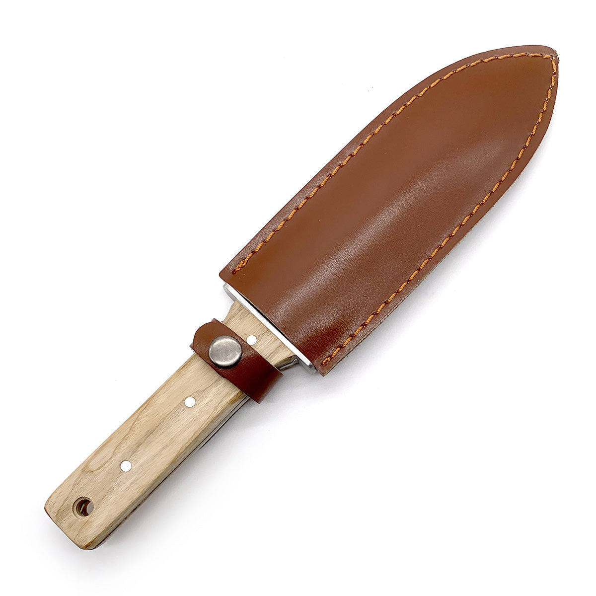 A hori hori garden knife with a wood handle and a stainless steel blade, accompanied by a brown leather case.
