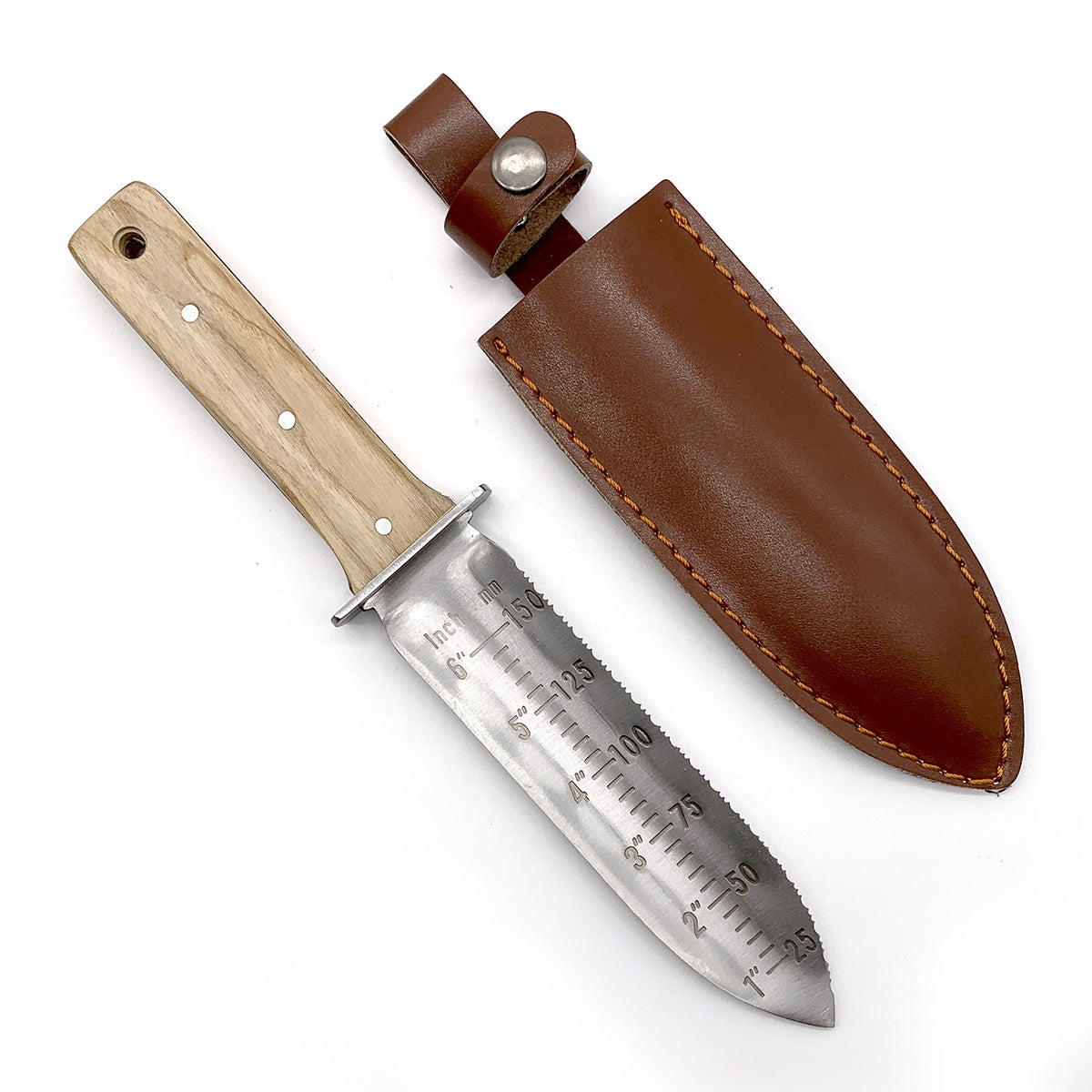 A hori hori garden knife with a wood handle and a stainless steel blade, accompanied by a brown leather case.