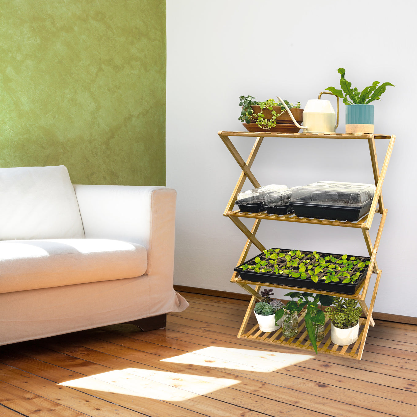A multi-tiered indoor plant stand made of bamboo in room