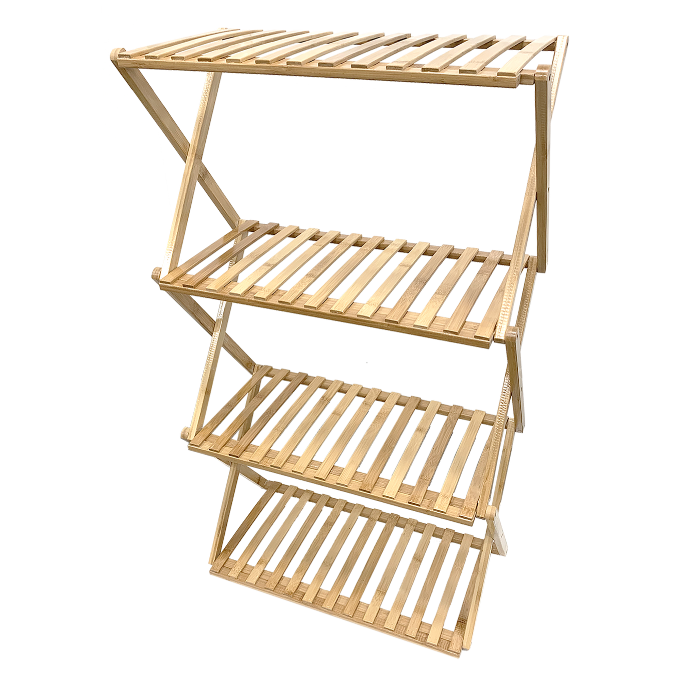 A multi-tiered indoor plant stand made of bamboo