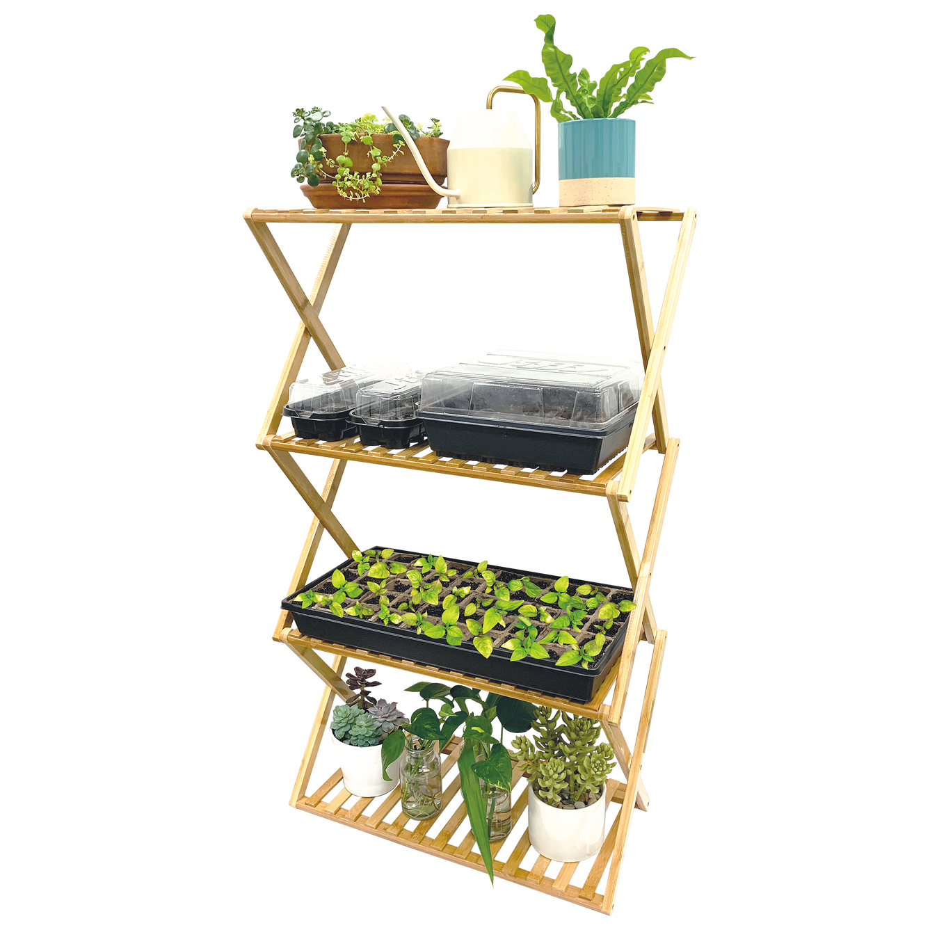 A multi-tiered indoor plant stand made of bamboo, featuring several plants and seed starting trays on each shelf.