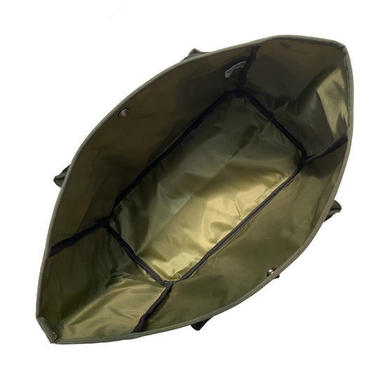 A green and beige Ferry-Morse garden tool bag with multiple pockets and a drawstring closure.