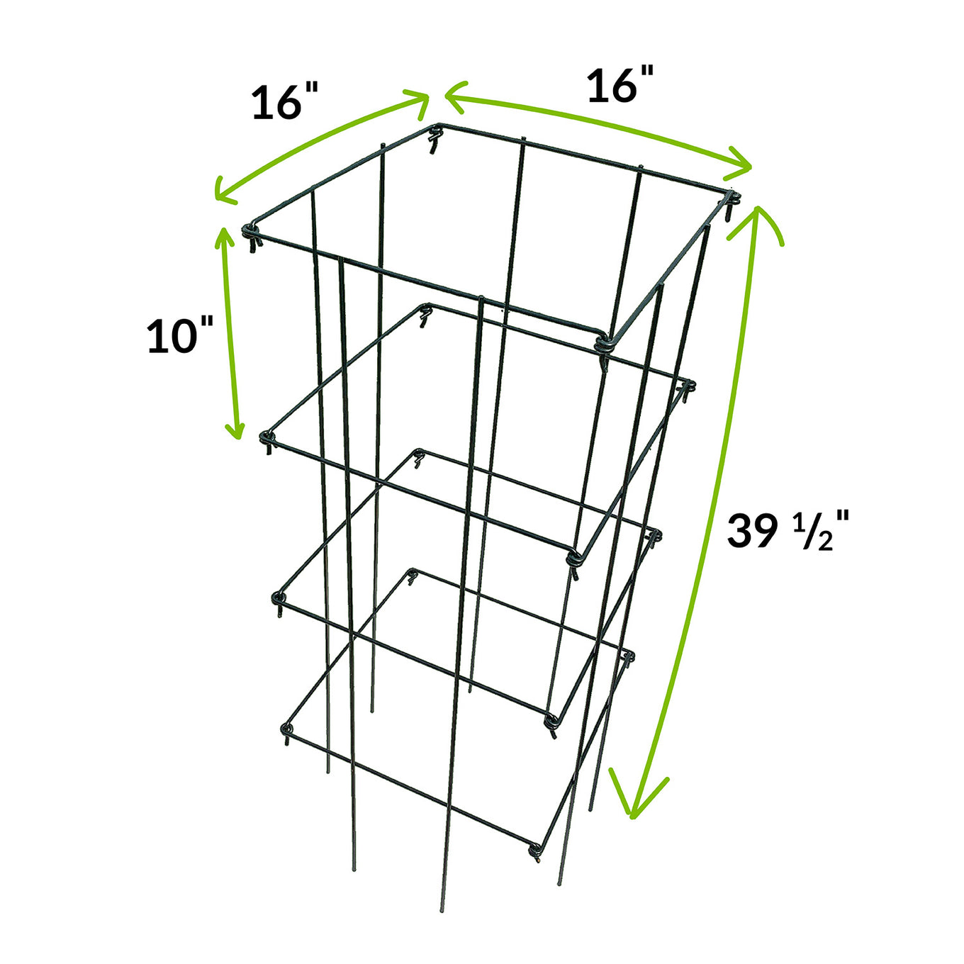 A black galvanized steel folding tomato cage with a square opening