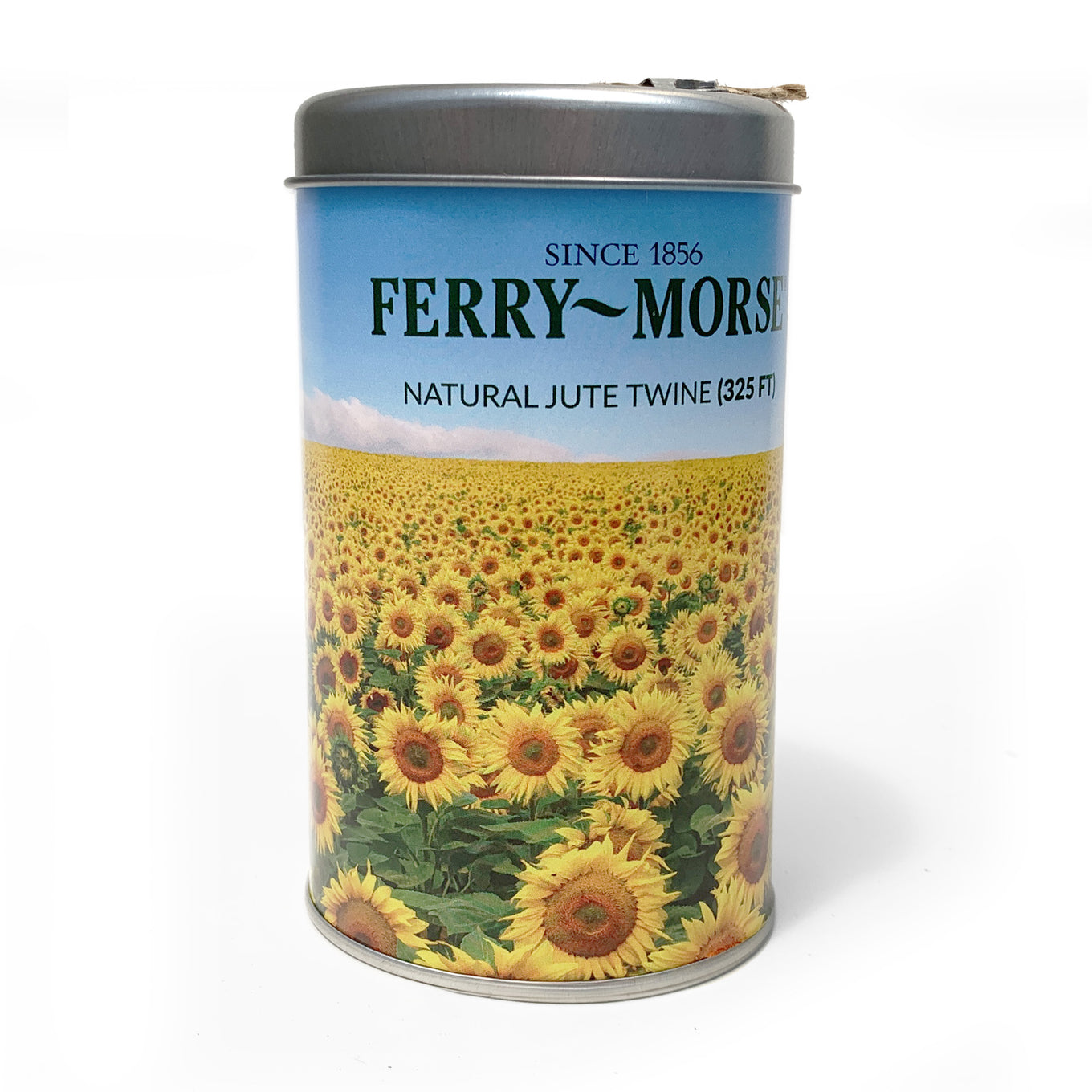A spool of Ferry-Morse natural jute twine in a tin canister with a sunflower field design.