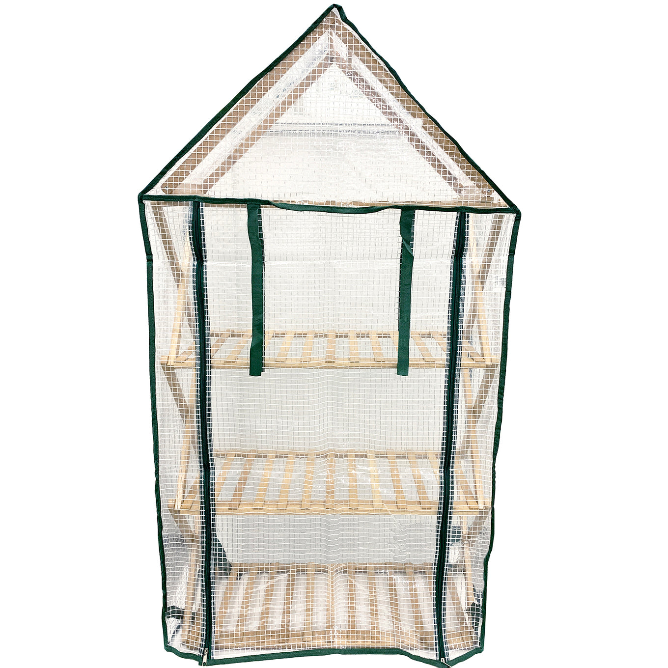 A mult-tier indoor plant stand with a bamboo structure and a clear plastic greenhouse cover.
