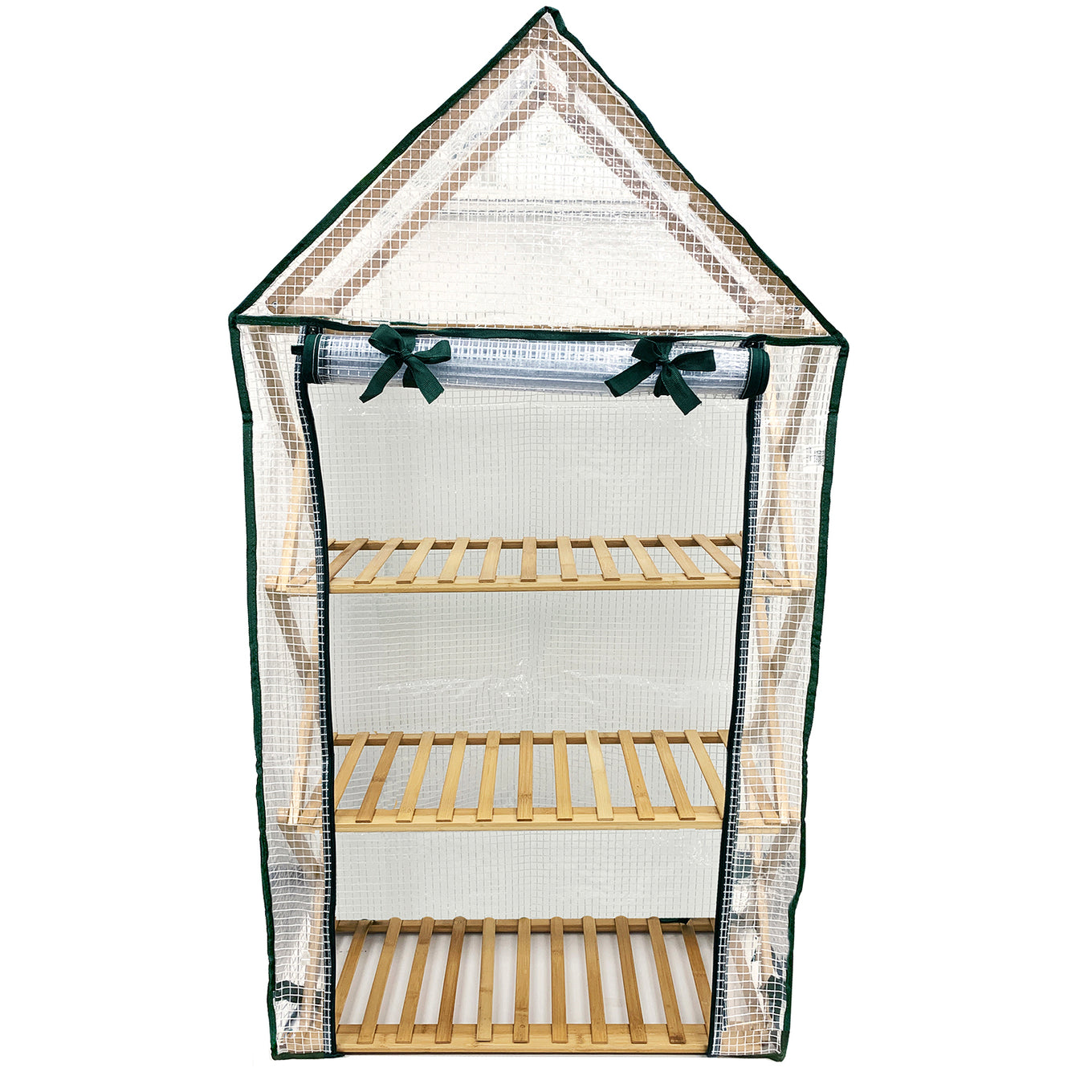 A mult-tier indoor plant stand with a bamboo structure and a clear plastic greenhouse cover.