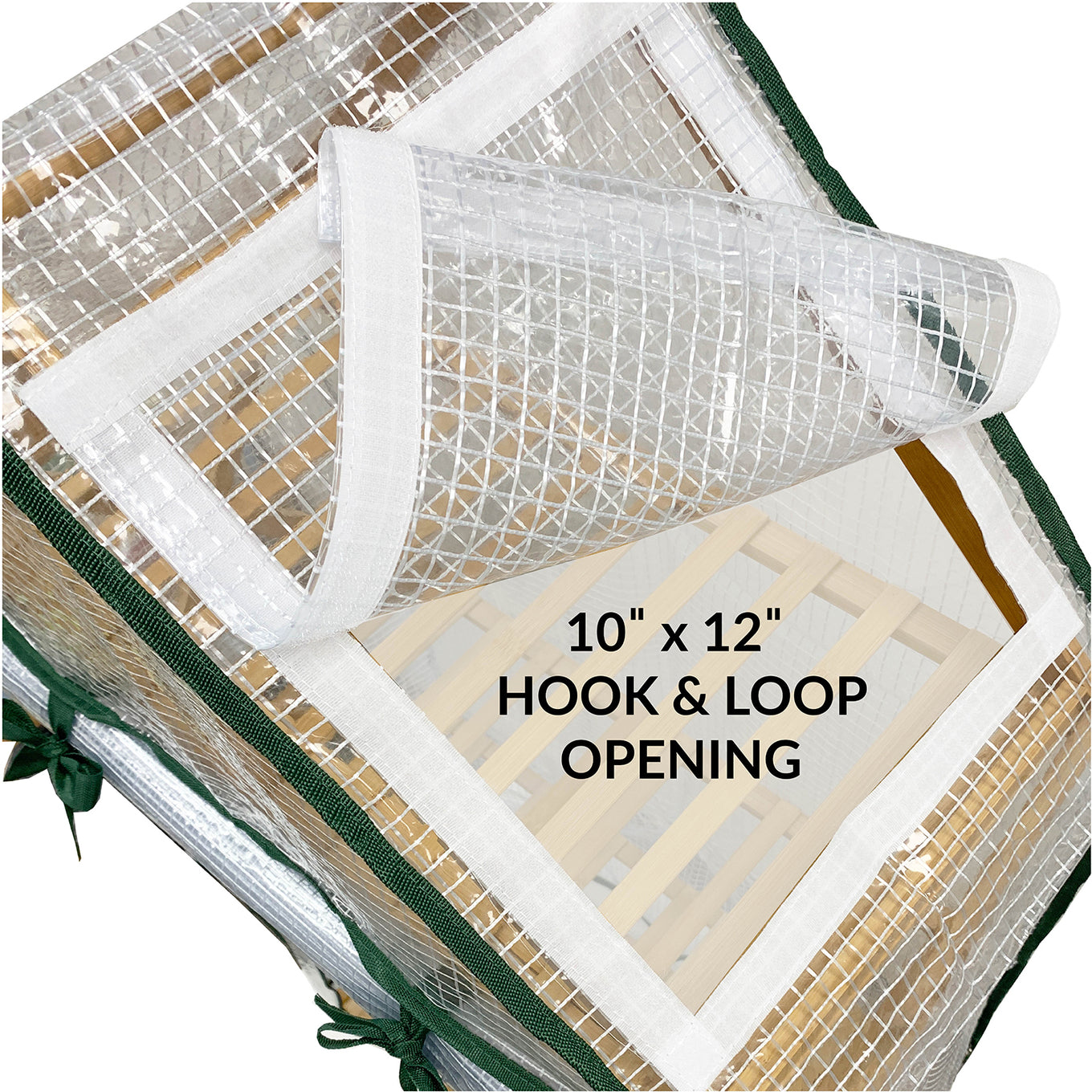A clear plastic greenhouse cover with dark green edging, designed to fit on an indoor plant stand.