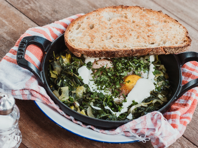 Spinach and Leek Spring Skillet Egg Breakfast