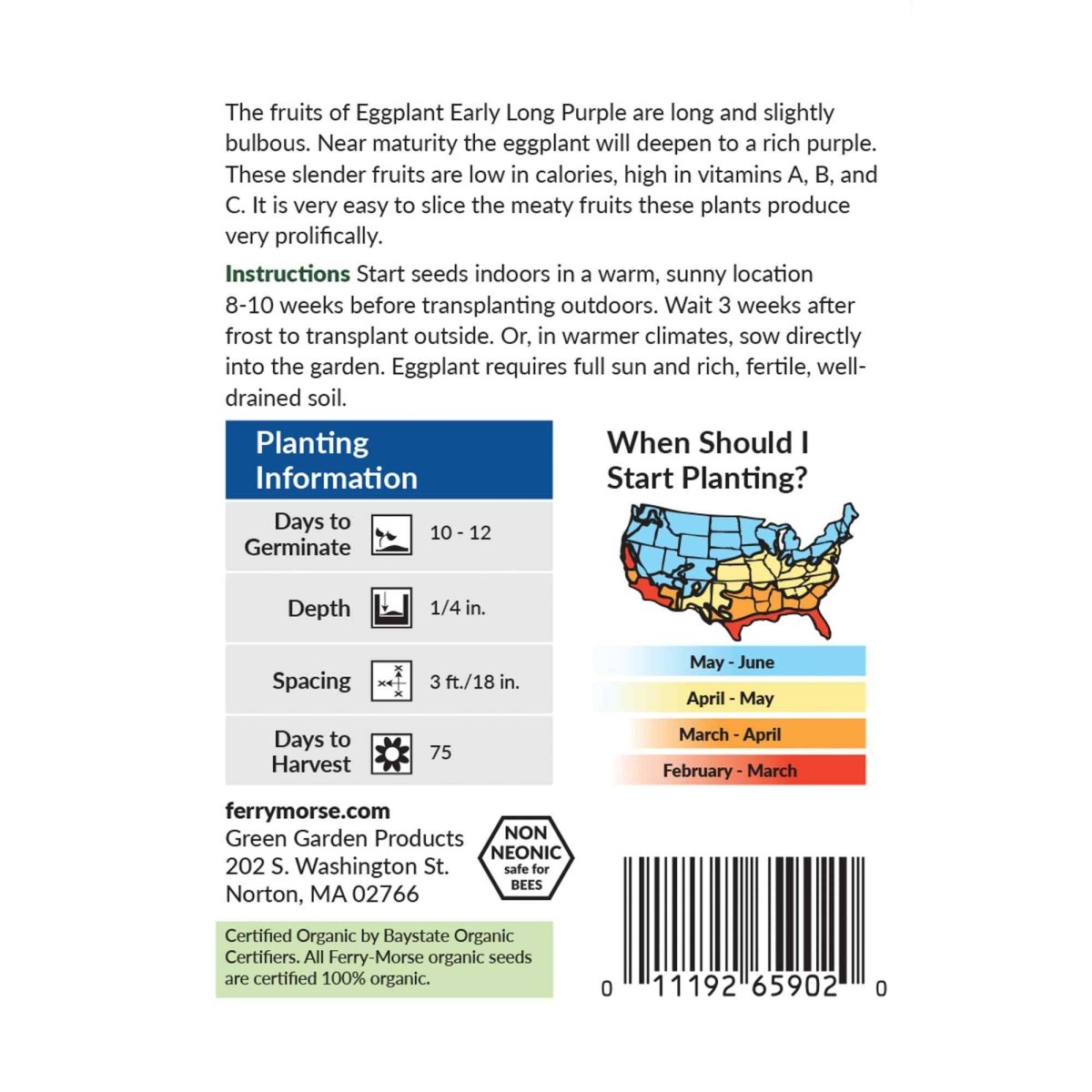 Eggplant, Long Purple Early Organic Seeds | Organic Vegetable