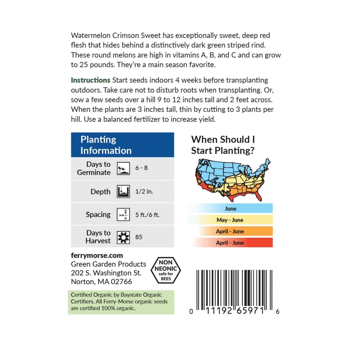Ferry-Morse Organic Watermelon Seeds 1.9 Gram(s) | LC25.1510 Ferry-Morse Organic Watermelon Seeds 1.9 Gram(s) | LC25.1510