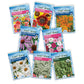 A collection of seed packets for various types of flowers, arranged in a 2x4 grid. The packets include wildflowers, sunflowers, butterfly weed, coneflowers, cosmos, daisies, alyssum, and thyme.