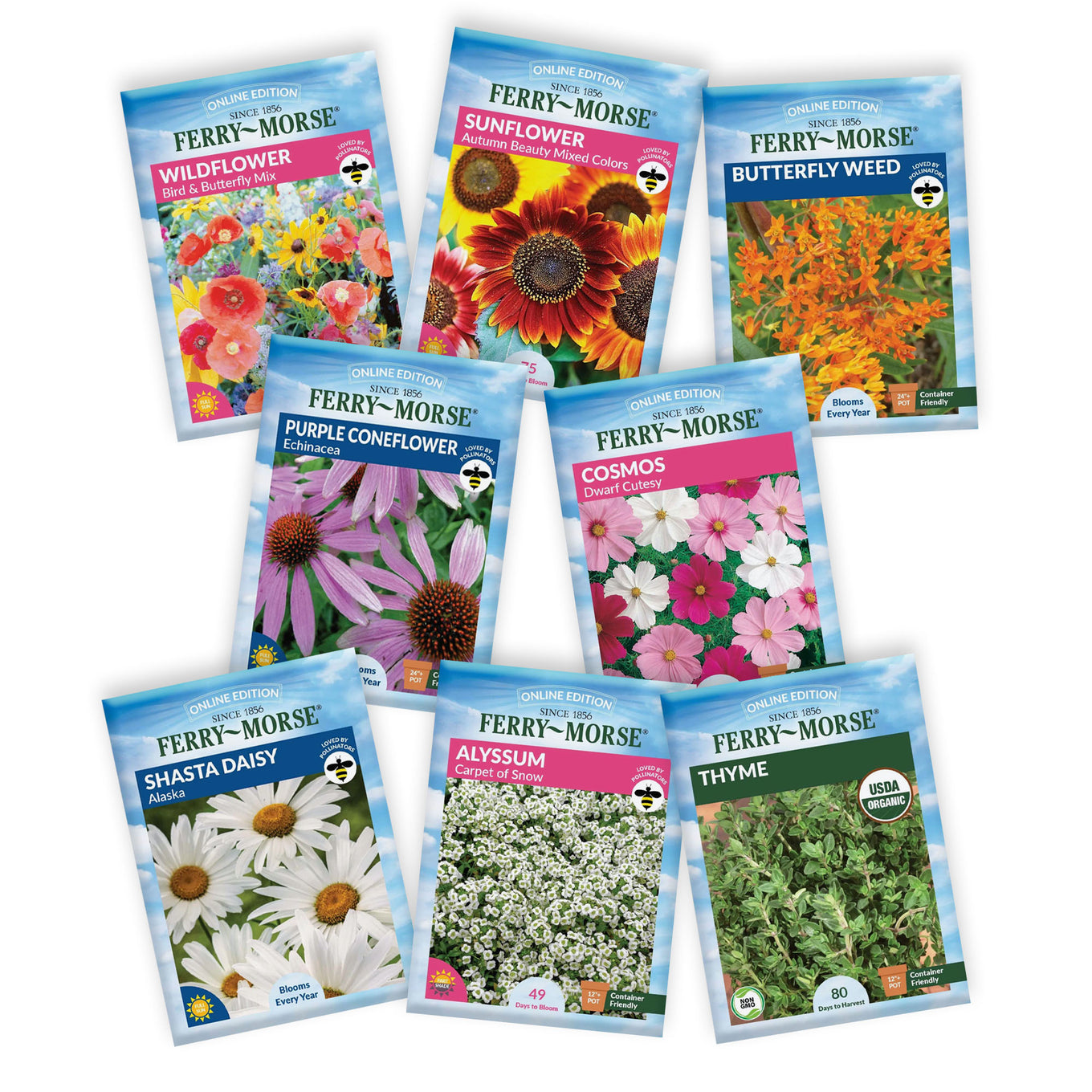 A collection of seed packets for various types of flowers, arranged in a 2x4 grid. The packets include wildflowers, sunflowers, butterfly weed, coneflowers, cosmos, daisies, alyssum, and thyme.
