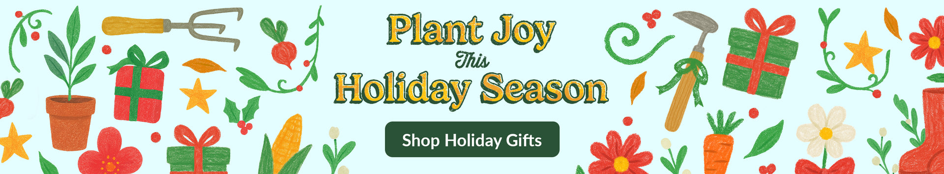 Promotional banner with gardening tools, plants, and gift boxes for a holiday gift shop.