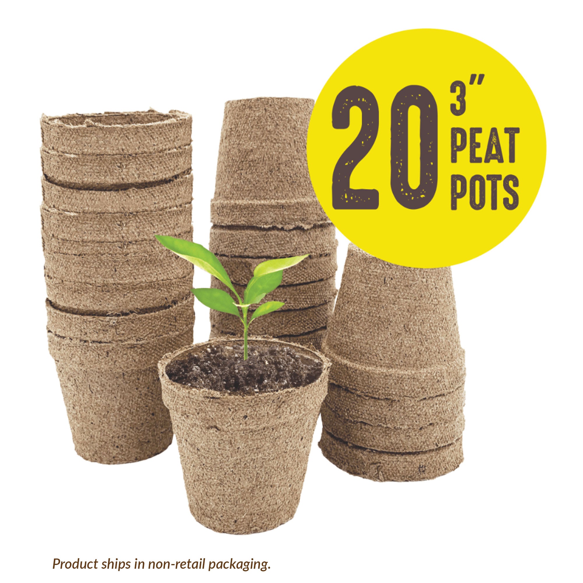Stack of 20 brown peat pots with a small plant, labeled '20 3