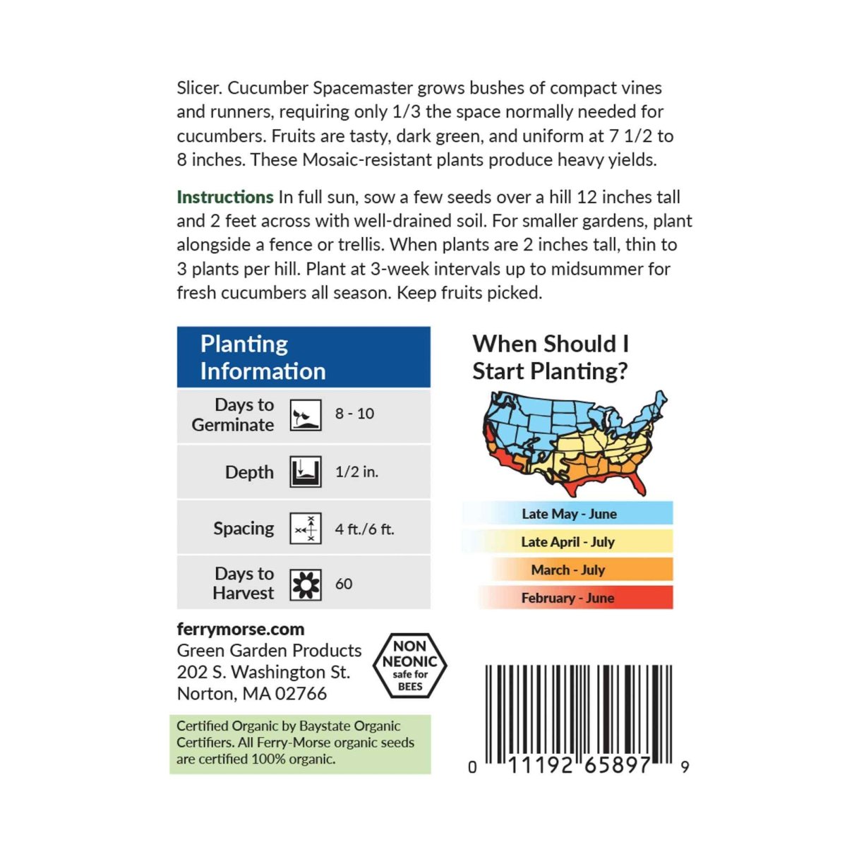 Spacemaster Cucumber Seeds - 60 Count, Non-GMO, USA Garden Vegetable Seeds
