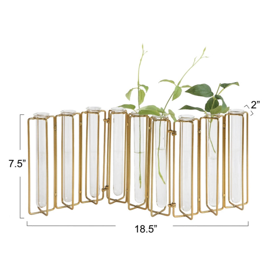Nine Test Tube Vases in a Single Gold Metal Stand