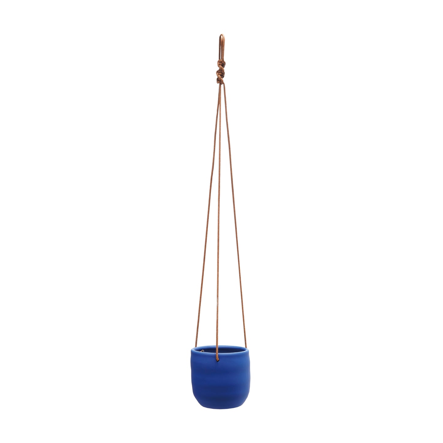 Hanging Blue Stoneware Planter with Leather Rope, Latex Finish