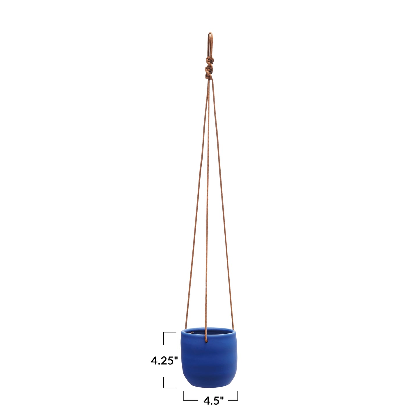 Hanging Blue Stoneware Planter with Leather Rope, Latex Finish