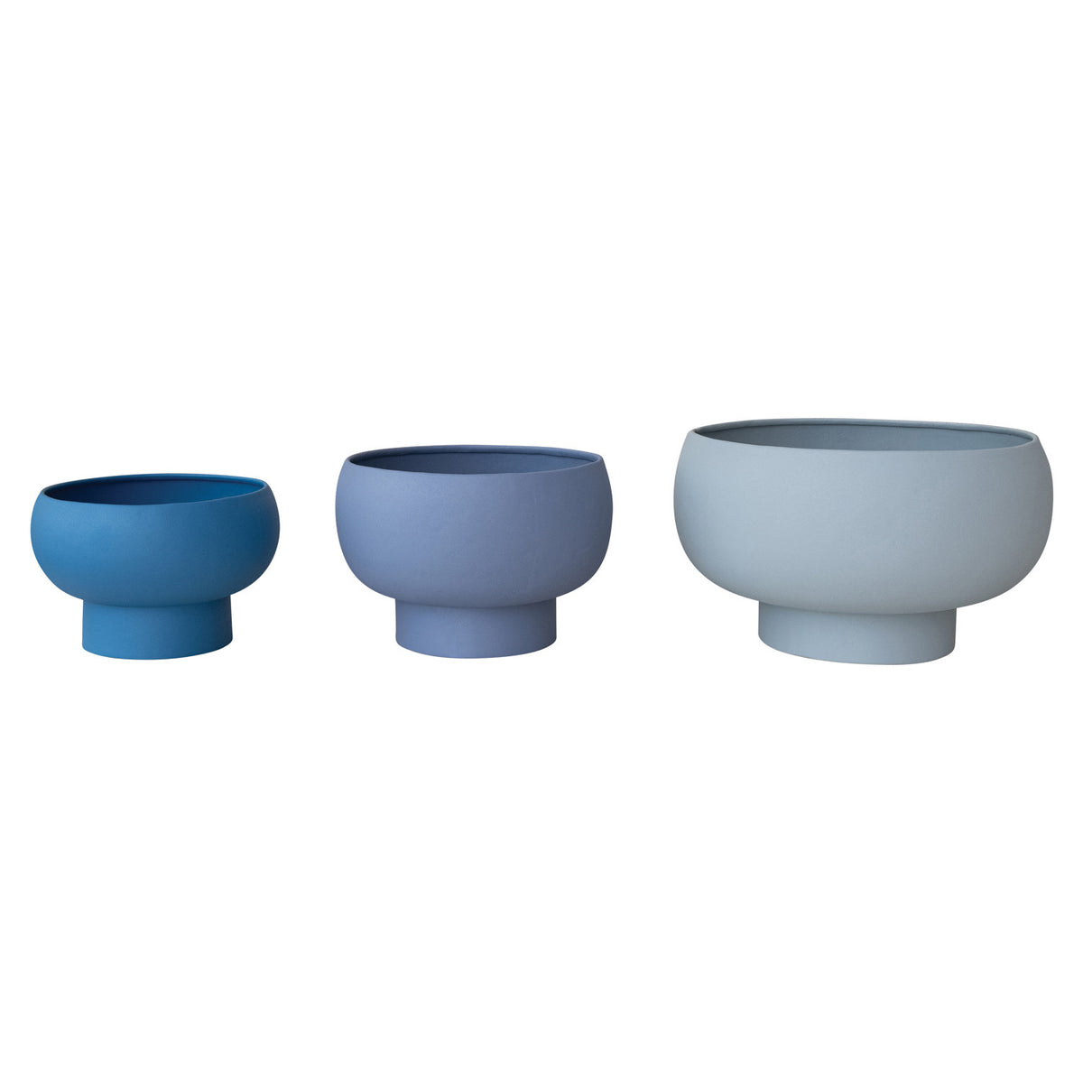 Three blue ceramic bowls of different sizes on a white background