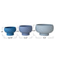 Three blue bowls of different sizes with measurements on a white background
