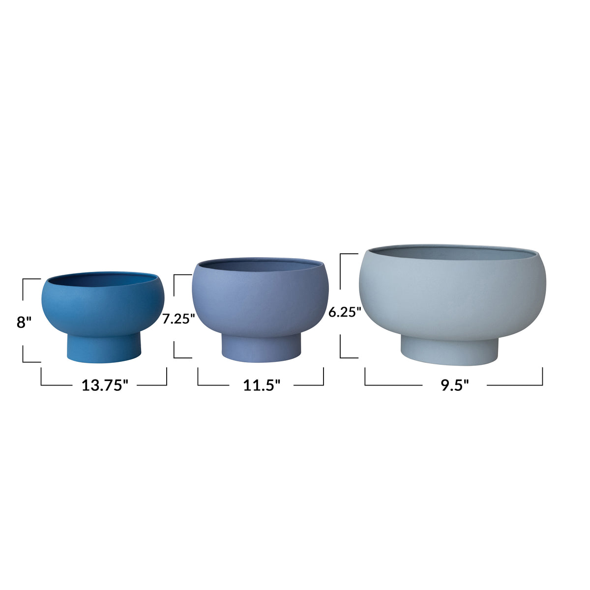 Three blue bowls of different sizes with measurements on a white background