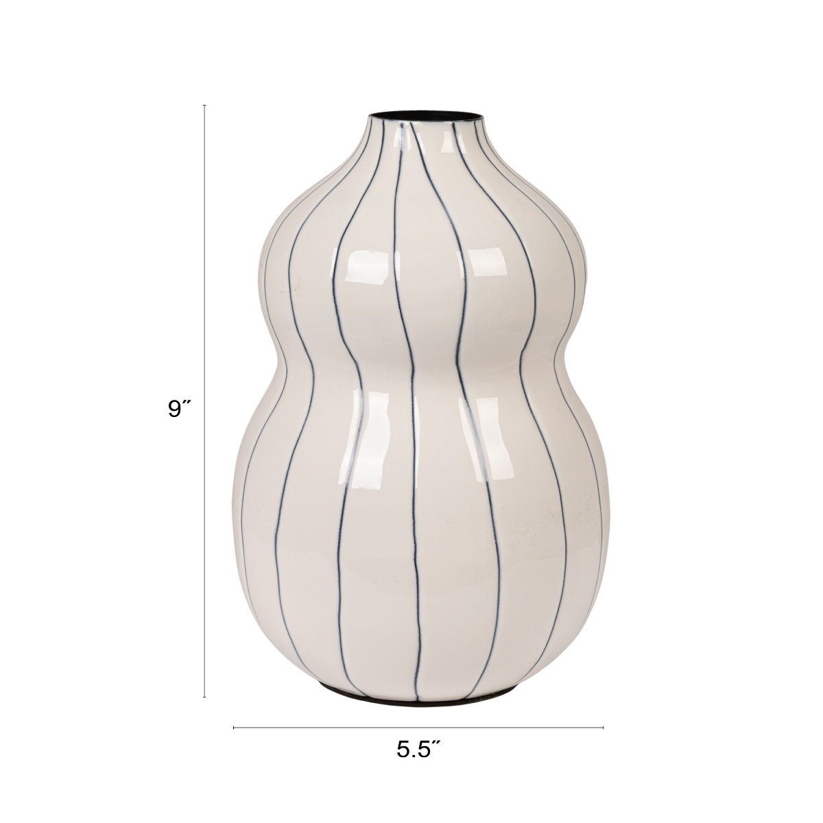 White vase with black stripes and measurements on a white background