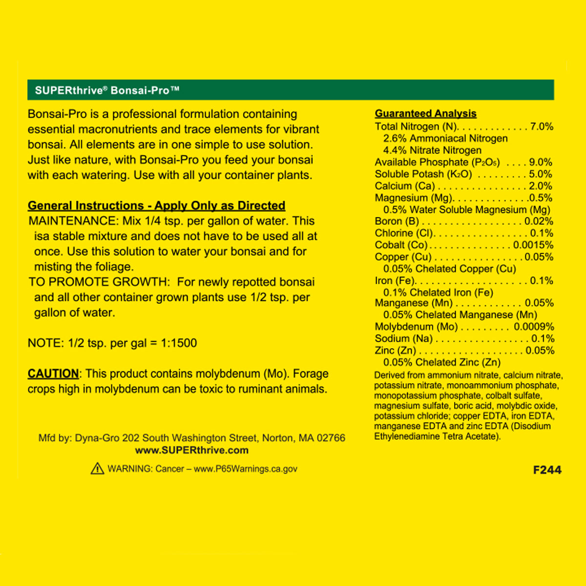 Superrthrive Bonsai-Pro product label with text and analysis on a yellow background