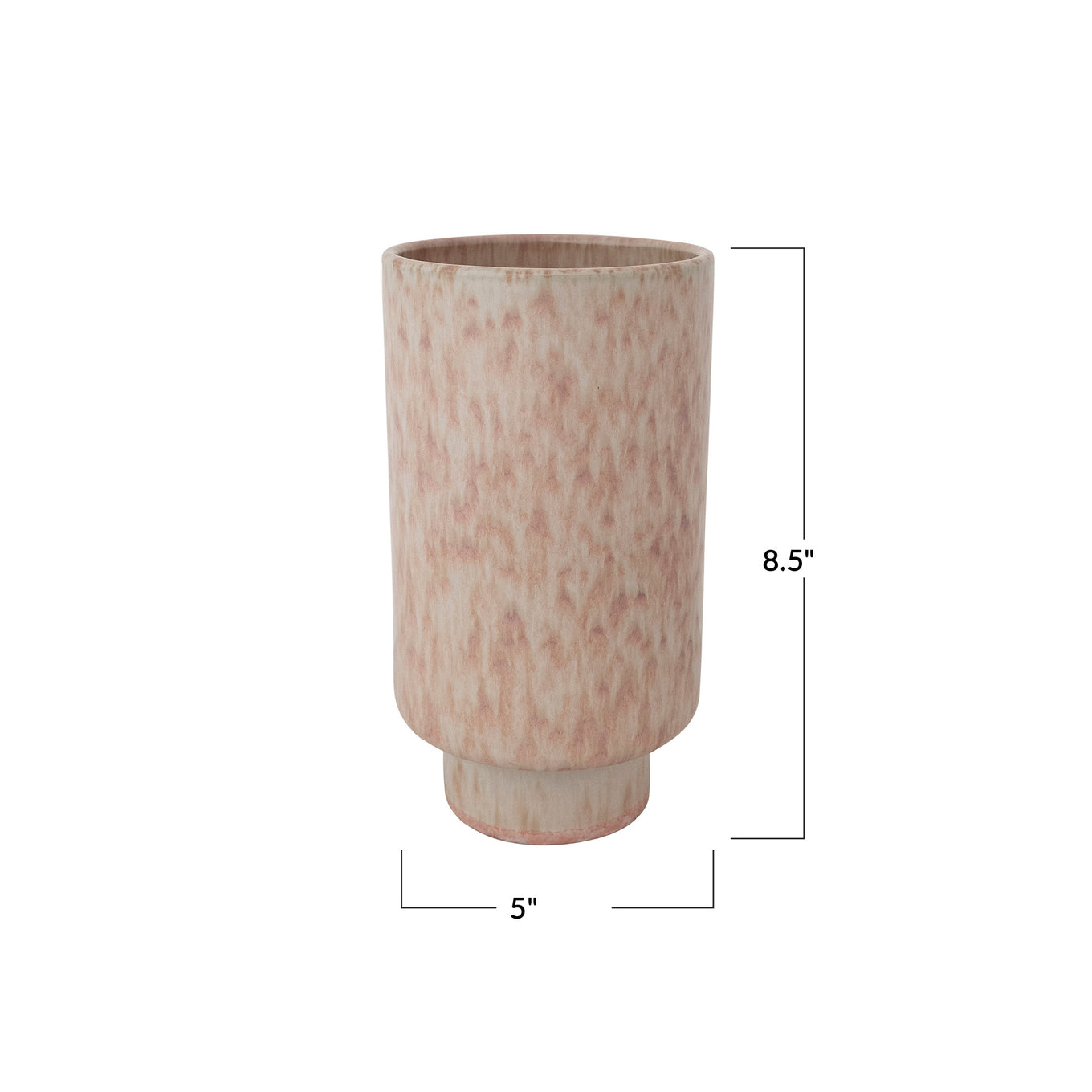 Cylindrical ceramic vase with speckled finish and dimensions on a white background