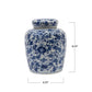 Blue and white floral patterned jar with dimensions on a white background