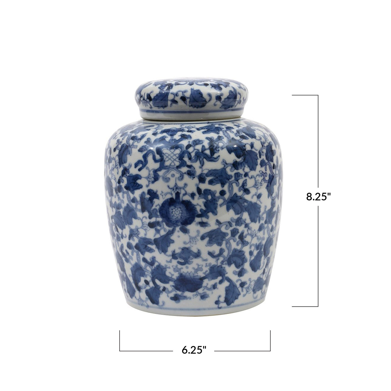Blue and white floral patterned jar with dimensions on a white background