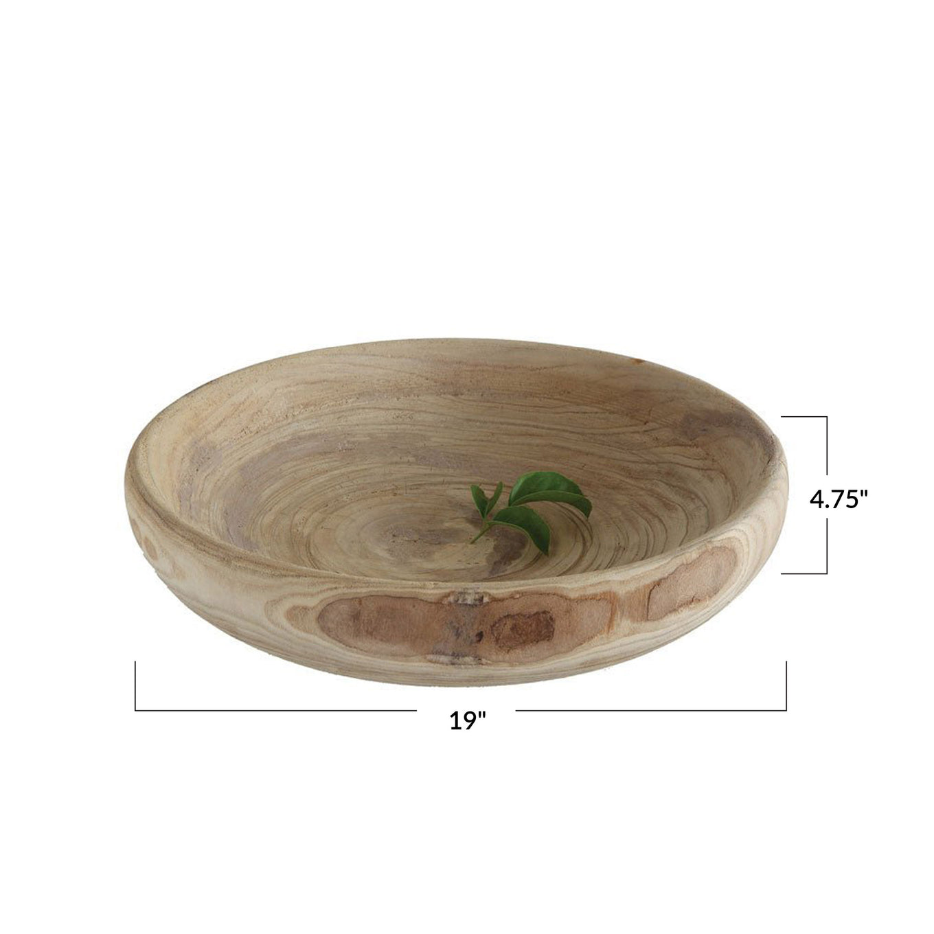 Wooden bowl with dimensions labeled on a white background