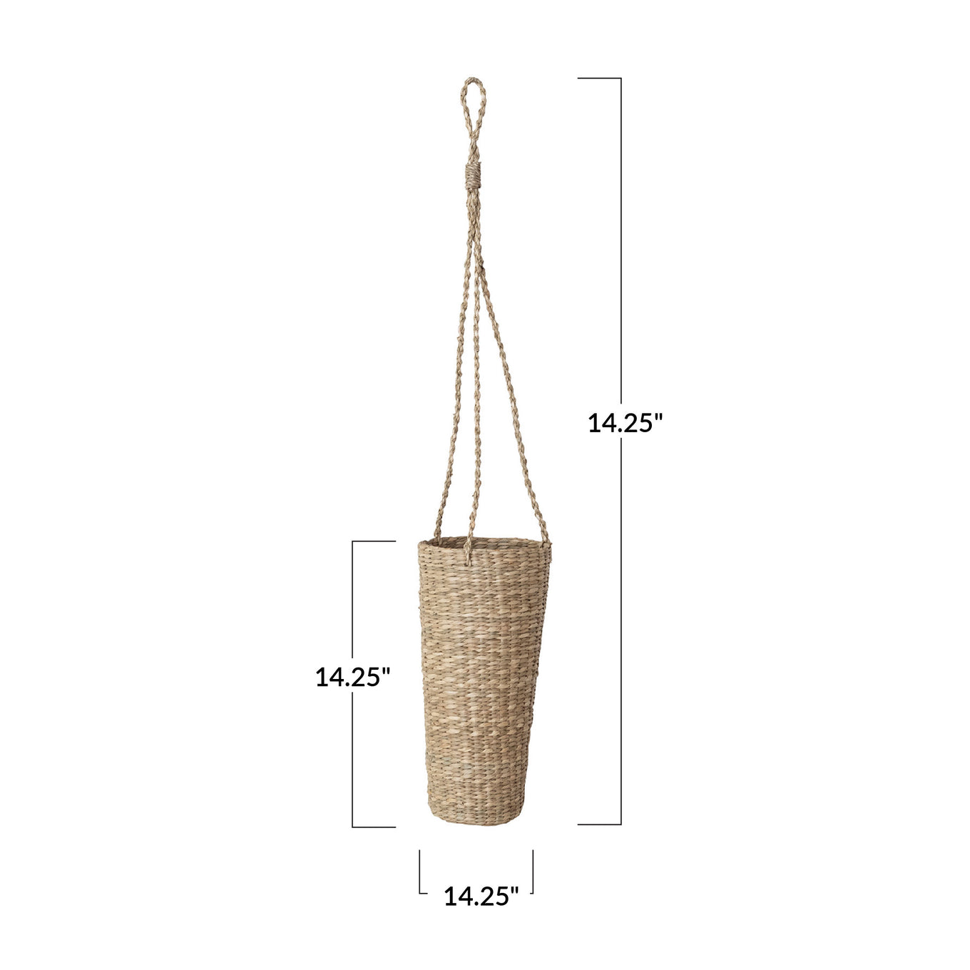 Woven hanging basket with dimensions on a white background