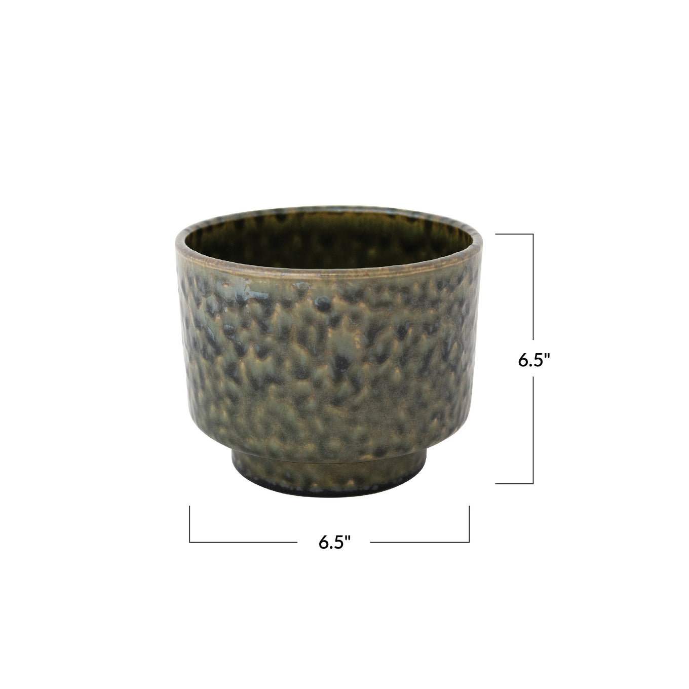 Ceramic pot with textured surface and dimensions indicated on a white background