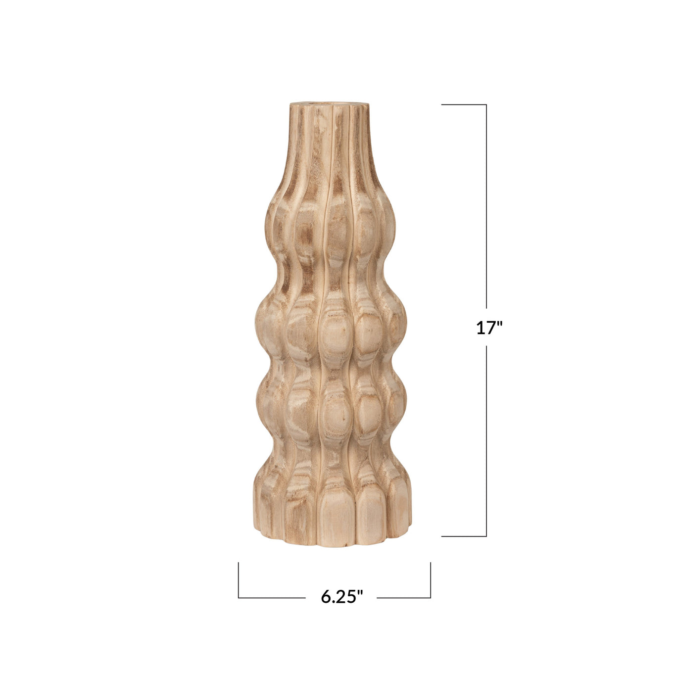 Wooden vase with textured design and dimensions on a white background
