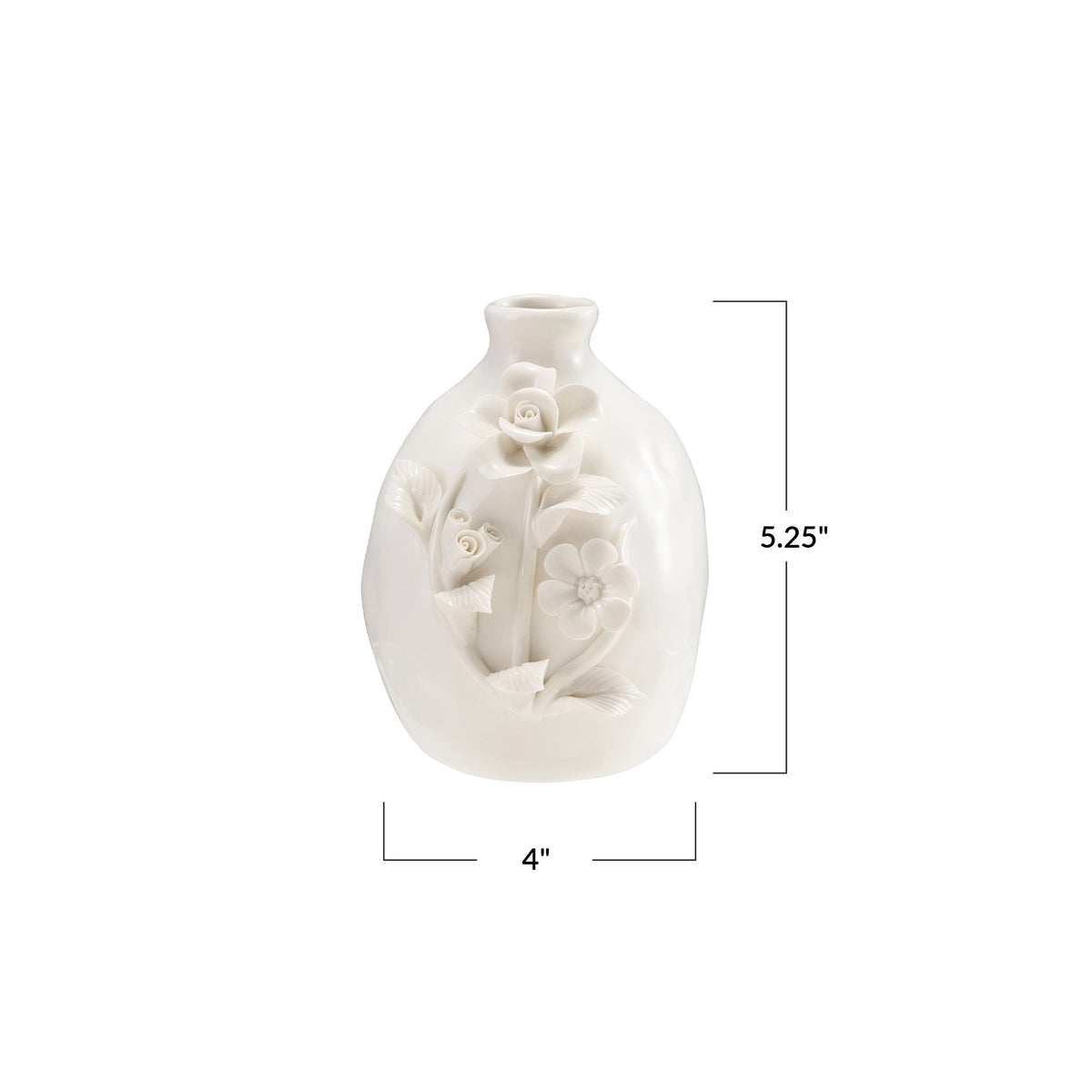 White ceramic vase with floral designs and measurements on a white background