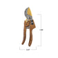 Pruning shears with wooden handle and measurements on a white background