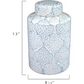 Decorative jar with blue pattern and dimensions on a white background