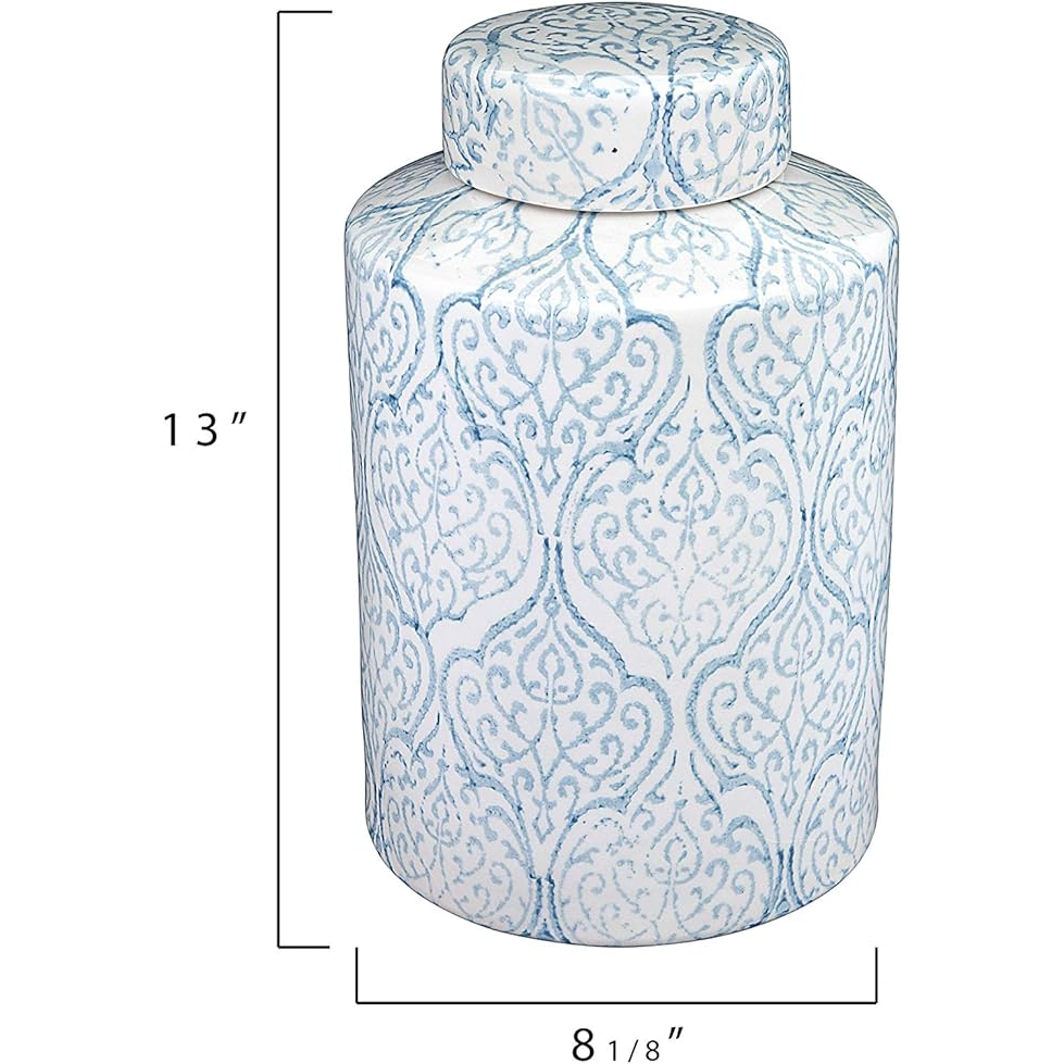 Decorative jar with blue pattern and dimensions on a white background