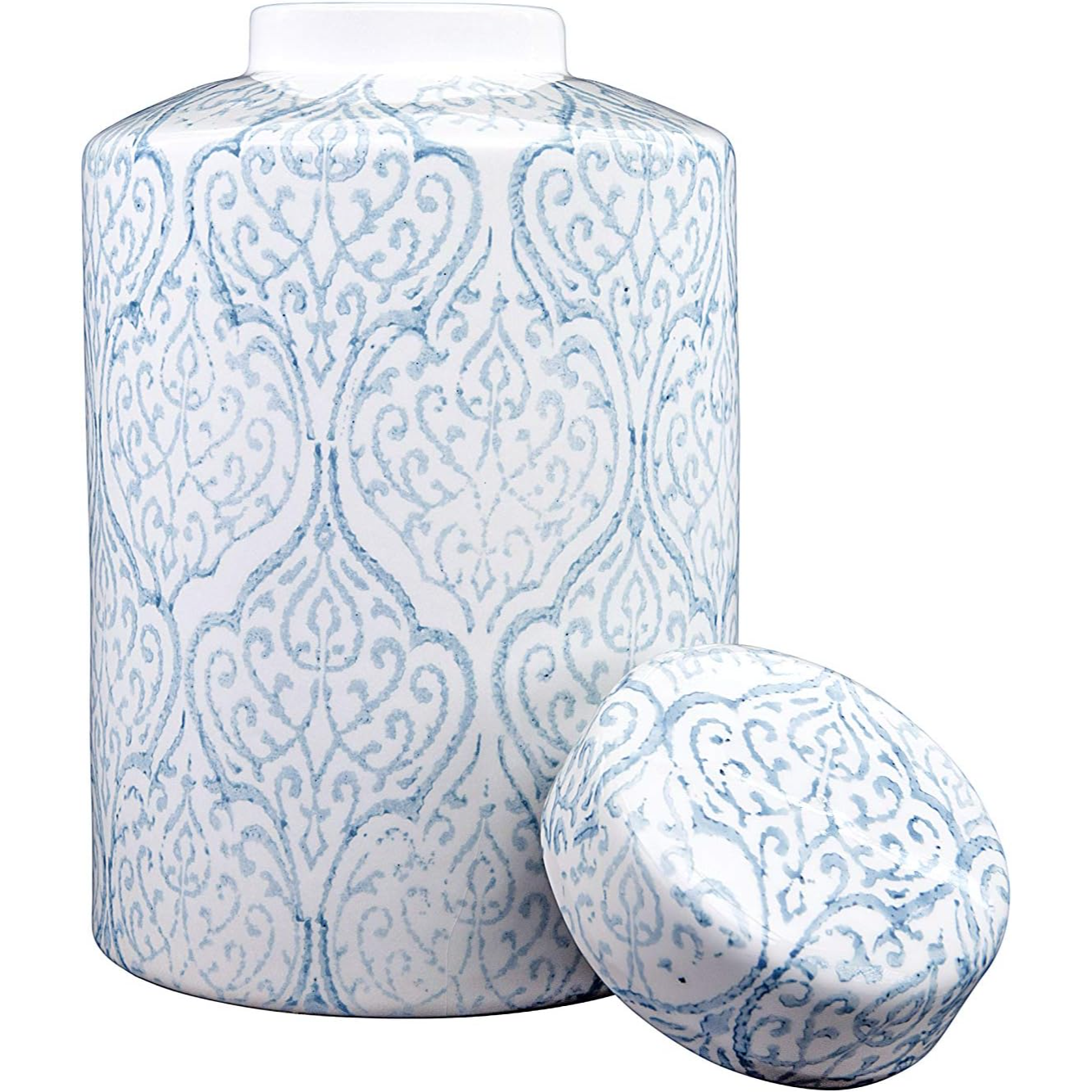 Decorative jar and ball with blue pattern on a white background