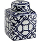 Ceramic jar with blue and white geometric pattern on a white background
