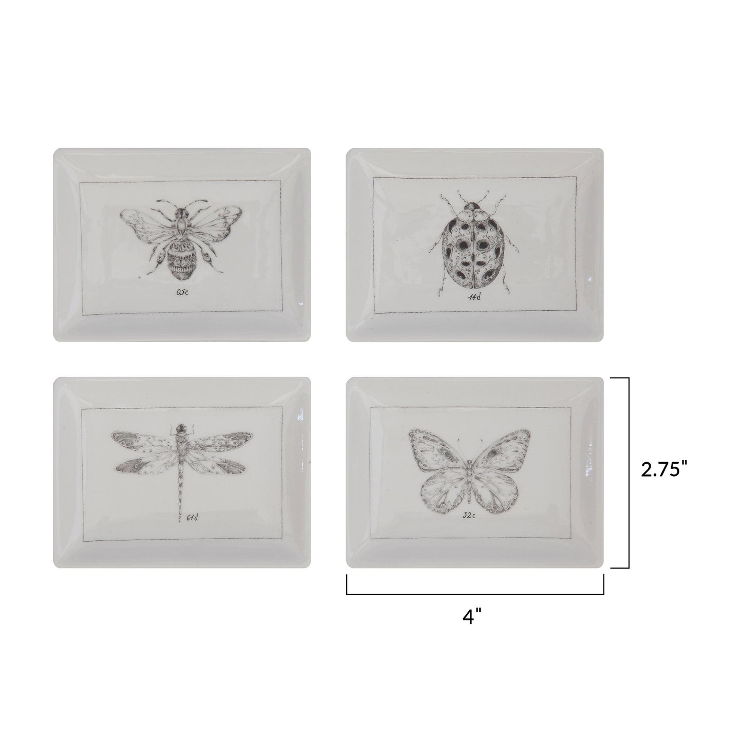 Rectangle Ceramic Dishes with Insect Images (Set of 4 Designs)
