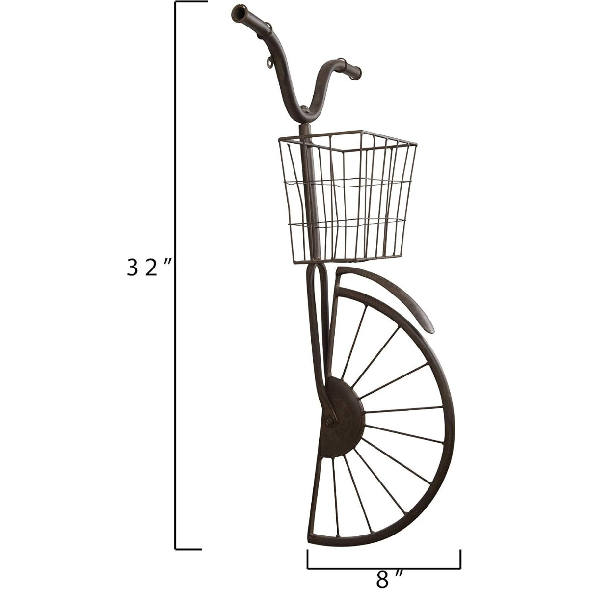Decorative metal bicycle wall art with a basket, shown with dimensions on a white background.