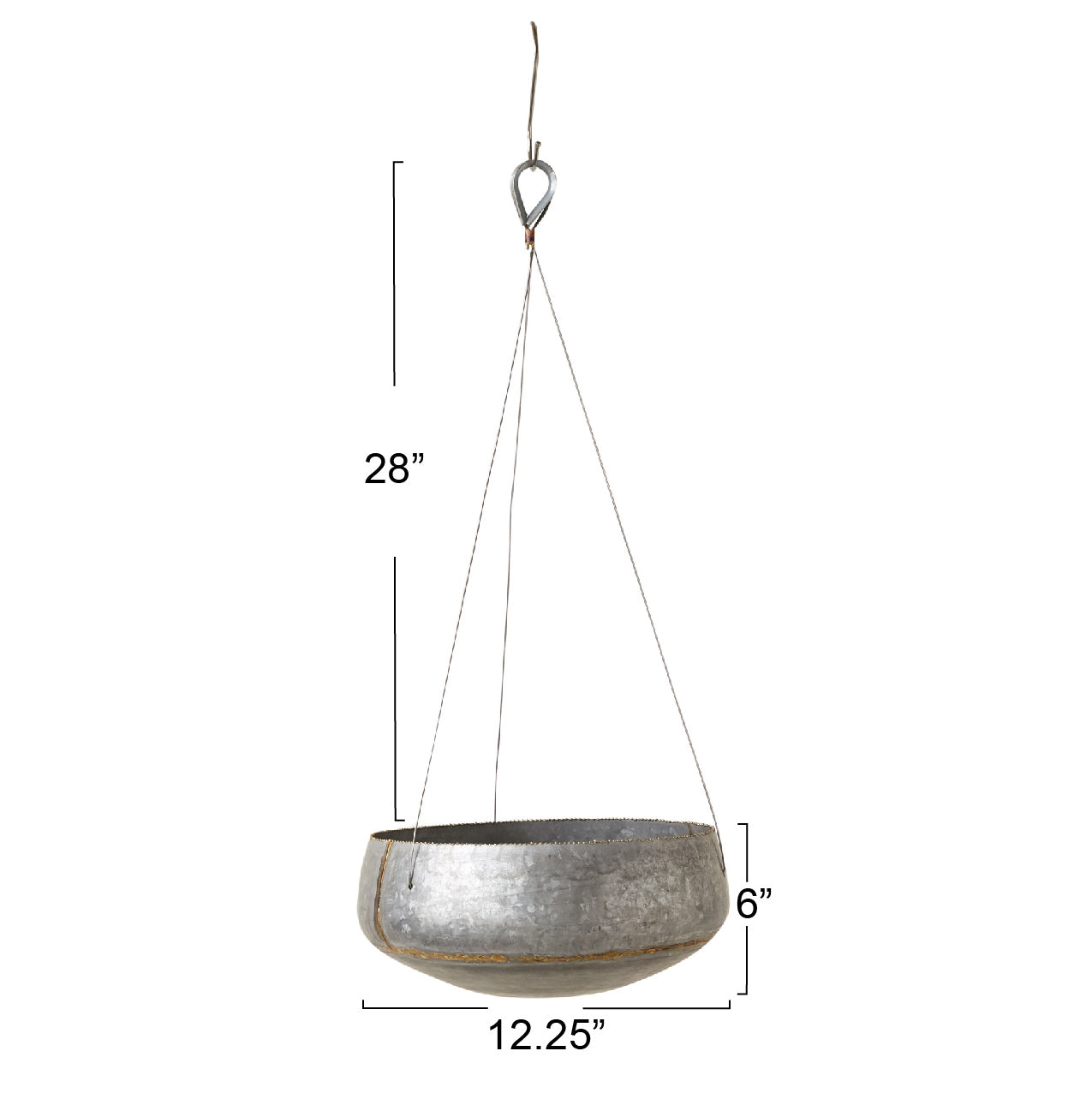 Hanging metal planter with dimensions on a white background