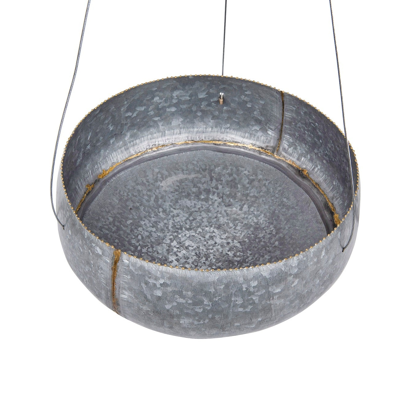 Metal hanging planter on a white background