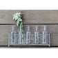 Set of glass bottles in a metal basket with a single white flower against a wooden background