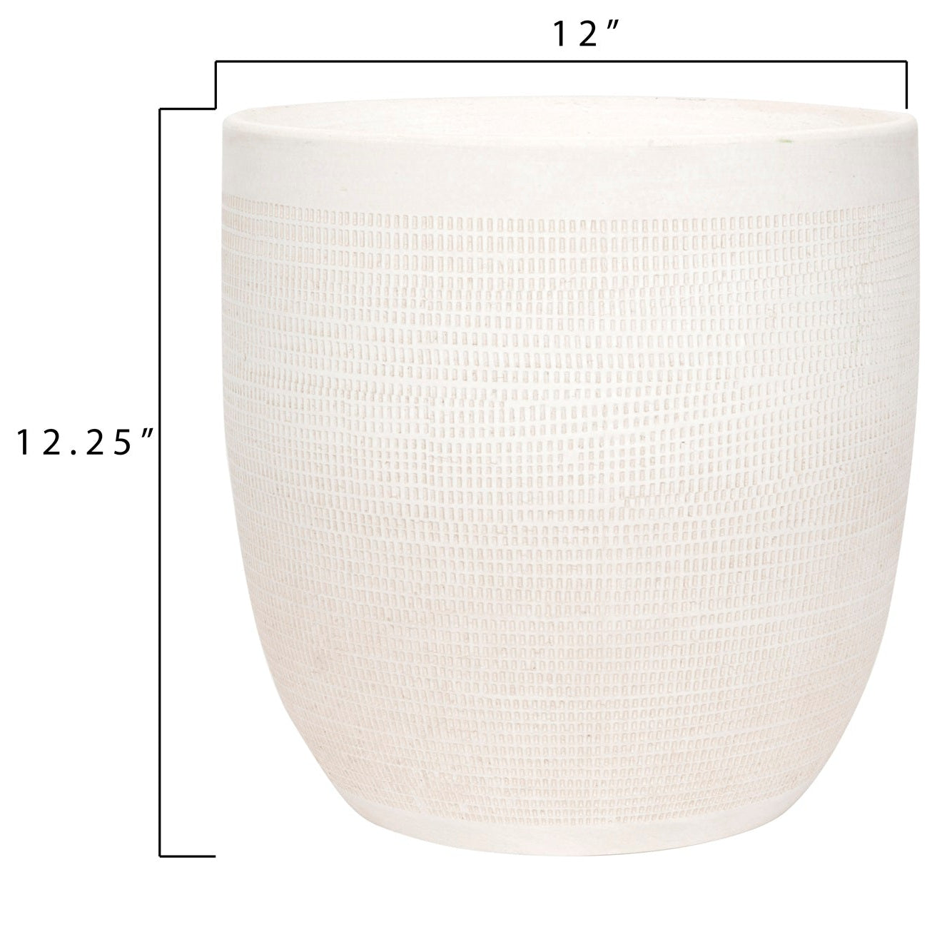 White woven basket with dimensions on a white background